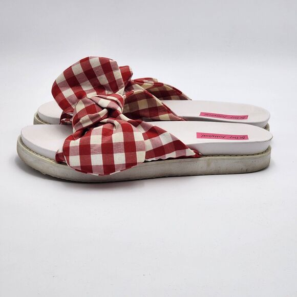 Betsey Johnson Picnic Red Gingham Bow Slide Sandals - Picture 4 of 11